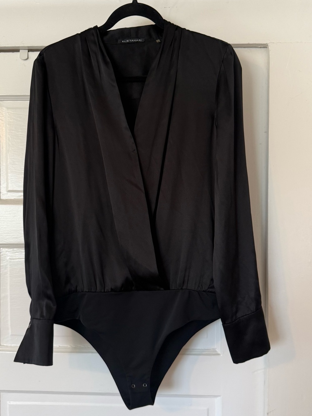Elie Tahari 100% Silk Black Surplice Wrap Bodysuit Blouse Size M